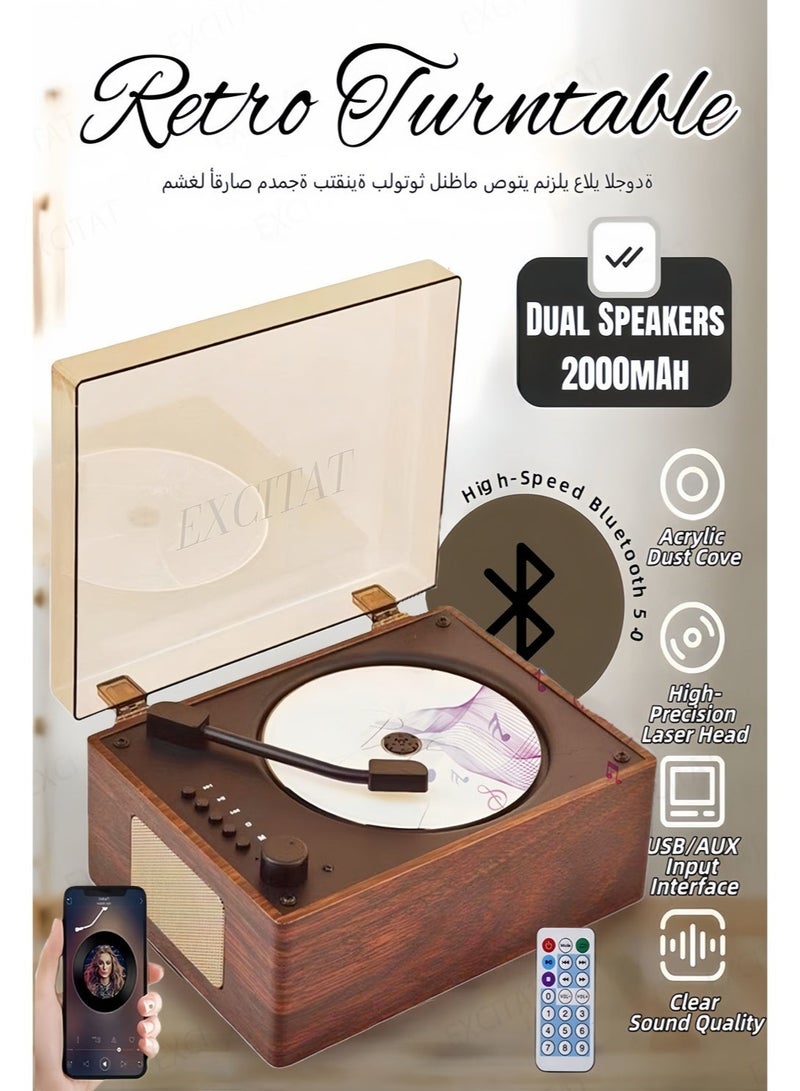 إثارة مشغل أسطوانات فينيل، طاولة خشبية عتيقة، مشغل أقراص مضغوطة هاي فاي بلوتوث مع مكبرات صوت مزدوجة، مستقبل بلوتوث 5.0 سريع مع بطارية 2000 مللي أمبير في الساعة وغطاء غبار من الأكريليك، مدخل USB وAUX، رأس ليزر عالي الدقة، جودة صوت واضحة، مثالي لغرفة النوم وغرفة المعيشة والهدايا - Image 1