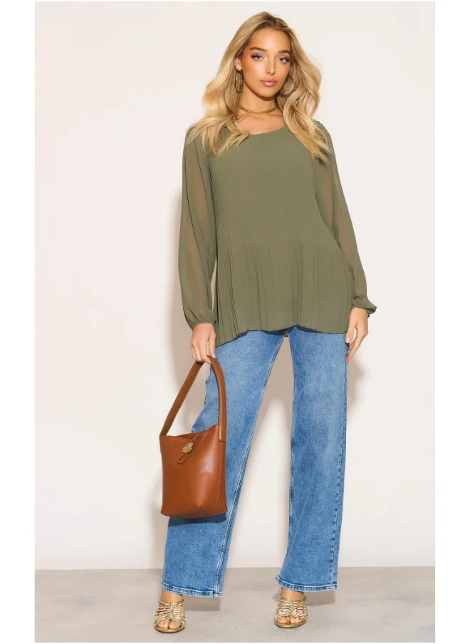 Hoxton Gal Oversized Pleated Top in Khaki with Tulle Sleeves & Necklace