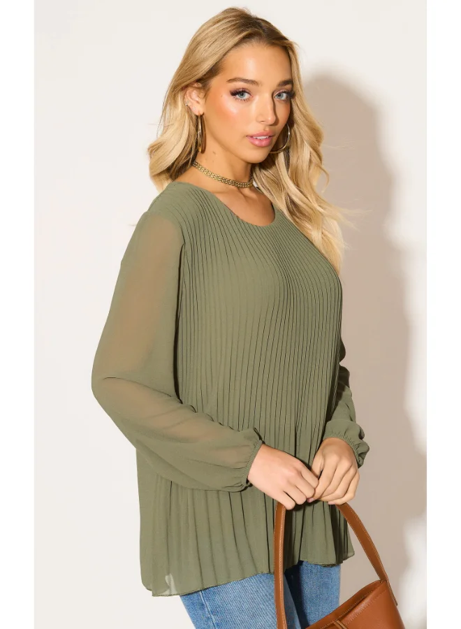 Hoxton Gal Oversized Pleated Top in Khaki with Tulle Sleeves