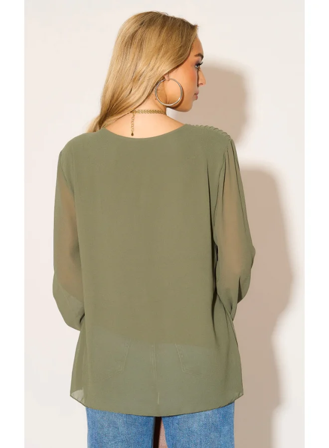 Hoxton Gal Oversized Pleated Top in Khaki with Tulle Sleeves