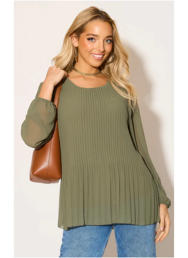 Hoxton Gal Oversized Pleated Top in Khaki with Tulle Sleeves & Necklace