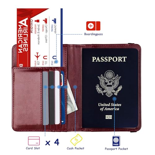 TOURSUIT RFID Blocking Passport Holder for Women Men, Leather Passport Travel Wallet with 3D Metal Badge, Travel Document Organizer Cover Accessories (Rose Red) - Image 2