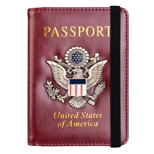 TOURSUIT RFID Blocking Passport Holder for Women Men, Leather Passport Travel Wallet with 3D Metal Badge, Travel Document Organizer Cover Accessories (Rose Red) - Image 1