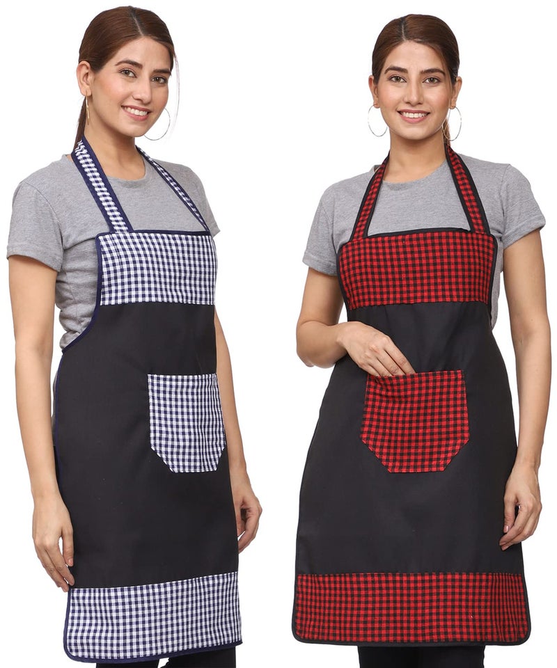 JMi Check and Plain Fabric Designer Waterproof Apron With Front Multi Purpose Pocket For Kitchen, Cooking, Dusting, Home. (Pack of 2) - Image 1