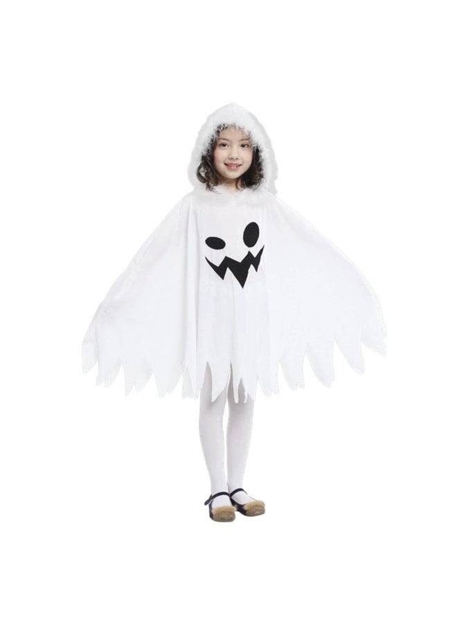general Halloween witch costume for children with white fur strips at the neckline, white ghostish dress, playful little elf cape, hooded cloak - Image 1