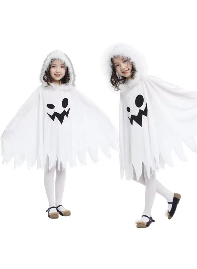 general Halloween witch costume for children with white fur strips at the neckline, white ghostish dress, playful little elf cape, hooded cloak - Image 2