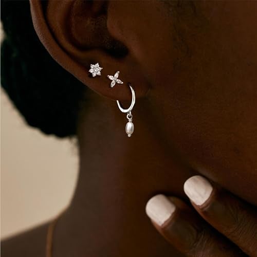 Krfy 3 Pairs Dainty Silver Pearl Earrings for Women - Cartilage Earring 14K Gold Plated Sterling Silver Post Hypoallergenic Earring Sets for Multiple Piercing - Image 2