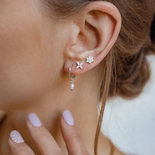 Krfy 3 Pairs Dainty Silver Pearl Earrings for Women - Cartilage Earring 14K Gold Plated Sterling Silver Post Hypoallergenic Earring Sets for Multiple Piercing - Image 4
