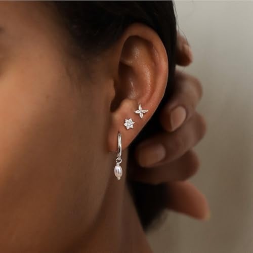 Krfy 3 Pairs Dainty Silver Pearl Earrings for Women - Cartilage Earring 14K Gold Plated Sterling Silver Post Hypoallergenic Earring Sets for Multiple Piercing - Image 5