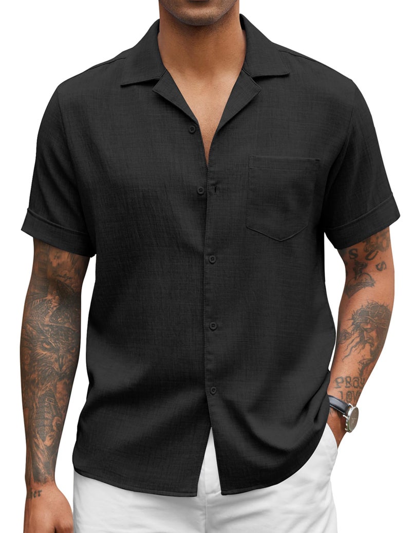 COOFANDY Mens Casual Short Sleeve Button Down Shirts Cuban Linen Textured Shirt Summer Beach Wear (Black, Large) - Image 1