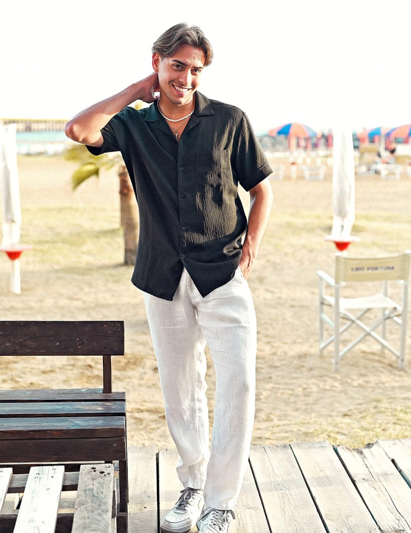 COOFANDY Mens Casual Short Sleeve Button Down Shirts Cuban Linen Textured Shirt Summer Beach Wear (Black, Large) - Image 4