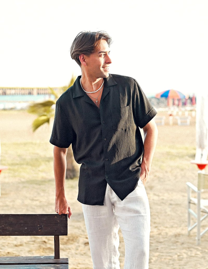 COOFANDY Mens Casual Short Sleeve Button Down Shirts Cuban Linen Textured Shirt Summer Beach Wear (Black, Large) - Image 2