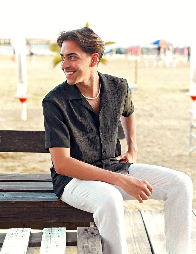 COOFANDY Mens Casual Short Sleeve Button Down Shirts Cuban Linen Textured Shirt Summer Beach Wear (Black, Large) - Image 3