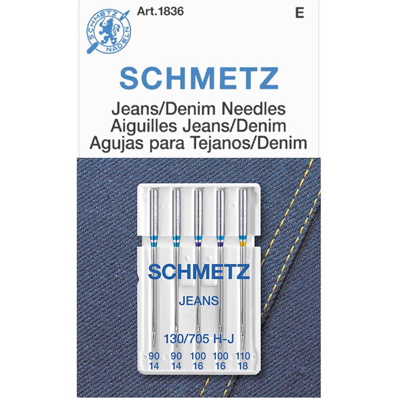 SCHMETZ Jean & Denim Sewing Machine Needles - Precision Needles for Heavy Fabric, Assorted Sizes, 5-Needle Cards, Pack of 1 - Image 1