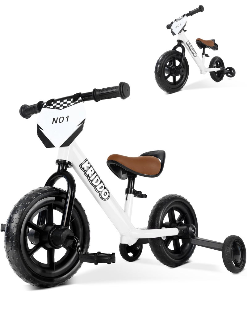 KRIDDO 2in1 Kids Tricycle and Toddler Balance Bike 2 Year Old Detachable Pedals and Stowable Training Wheels DIY Plate Riding Trikes Toy for Ages 18 Months to 3 Years White - Image 2