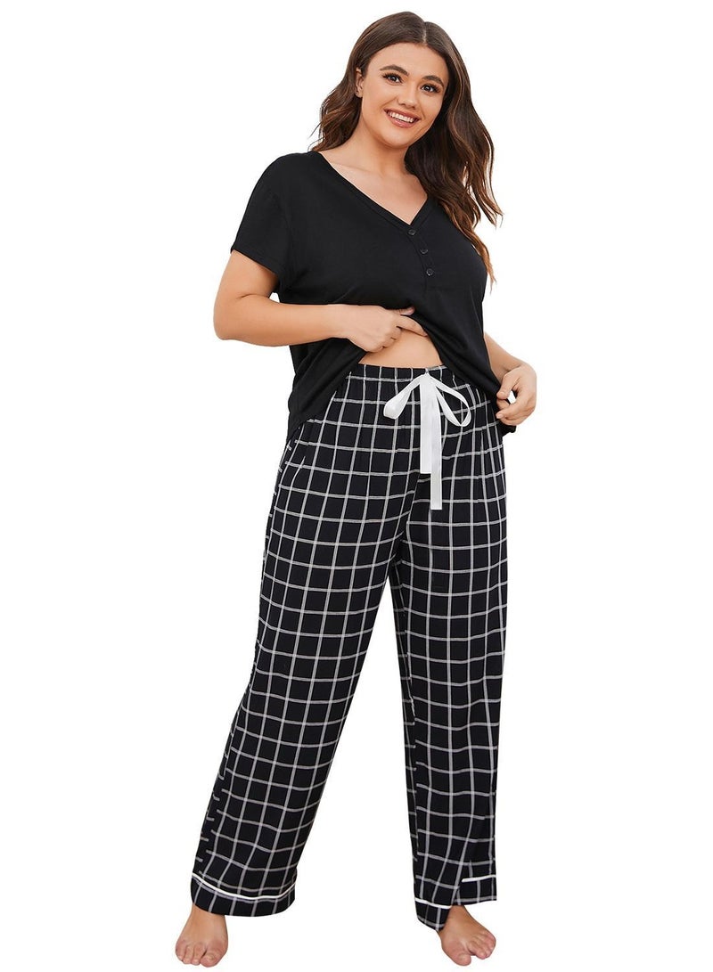 Loquat Women's Checked Pattern 2-Piece Set Pajamas V-Neck Short Sleeve Top And Pants Soft Loungewear Nightgown Suit Leisure Wear Black - Image 2