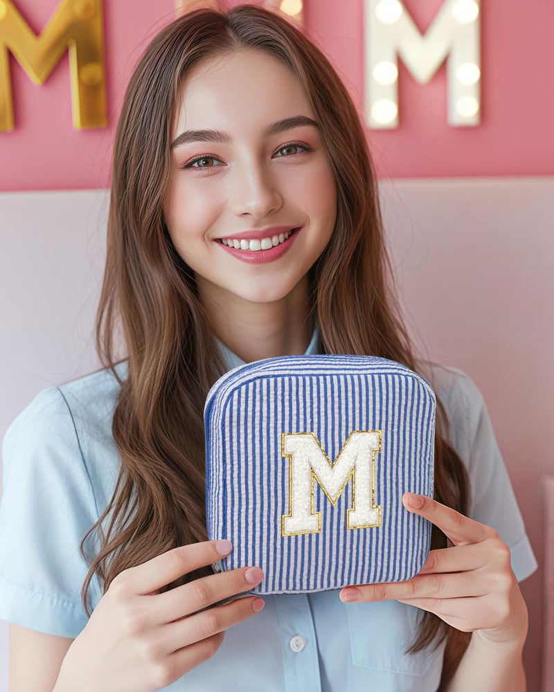 KOTORA Personalized Birthday Gifts for Women Teacher, Initial Cute Cosmetic Makeup Bag Pouch Case Travel Toiletry Make Up Bag for Women Wife Gifts Idea (Blue, M) - Image 5