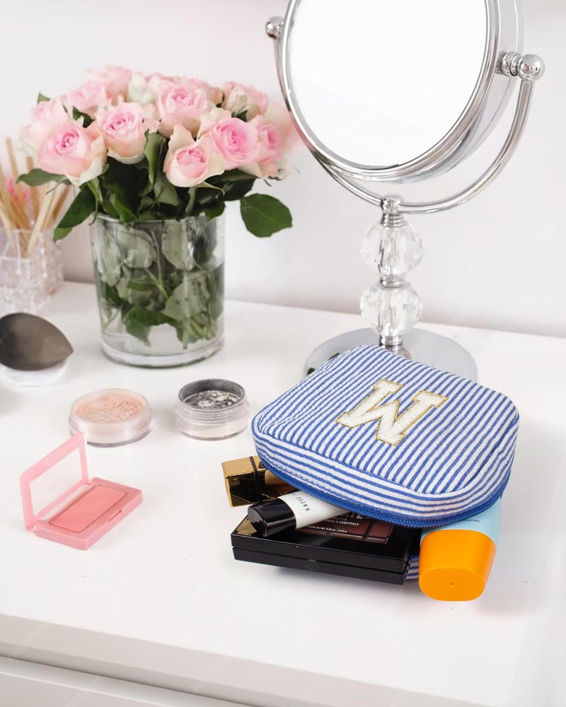 KOTORA Personalized Birthday Gifts for Women Teacher, Initial Cute Cosmetic Makeup Bag Pouch Case Travel Toiletry Make Up Bag for Women Wife Gifts Idea (Blue, M) - Image 4