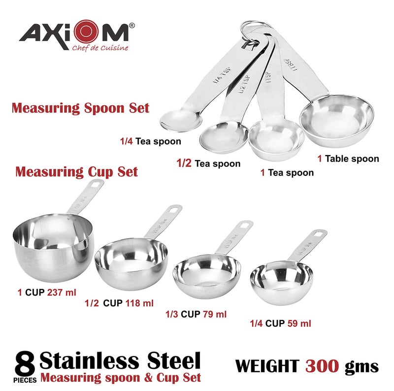 AXIOM Measuring Set of 8 pcs Stainless_Steel Professional Quality for Baking, Cooking, 4 Stackable Measuring Cups and 4 Stackable Measuring Spoons with Measurement Engraving Handle - Image 4