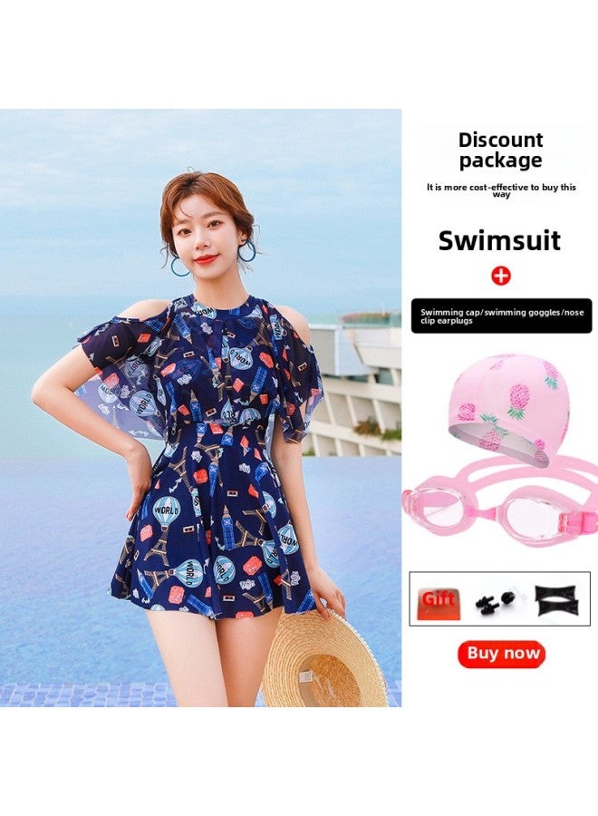 Loquat Parent-child Swimsuit Mother And Daughter Conservative One-piece Dress Super Fairy Swimsuit Slimming Meat Covering Small Medium And Large Girls Swimsuit-Color:Adult Dark Blue + Swimming Goggles Four - Image 1
