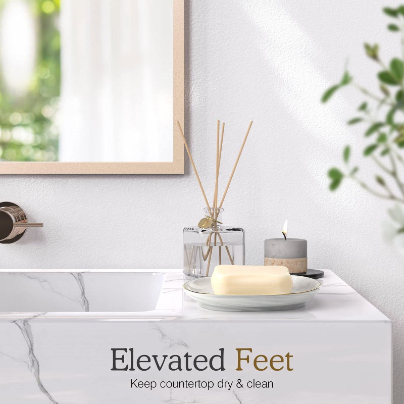 Luxspire Soap Dish Holder, Ceramic Marble Soap Tray Bar Soap Holder with Gold Trim, Oval Sponge Case Box Hand Soap Plate Container for Bathroom Vanity Shower Kitchen Sink Easy Cleaning, Marble White - Image 2