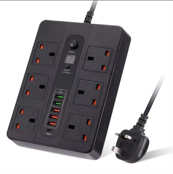HEBEZON Electrical Connecting Board Universal Travel Adapter with Type C USB Fast Charging 5 Ports Overload Protection Button 6 Power Sockets for Home Office - Image 1