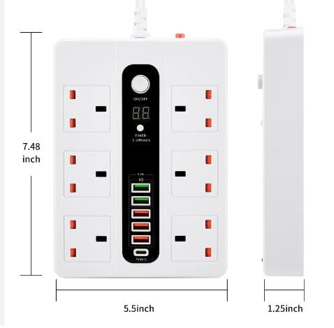 HEBEZON Electrical Connecting Board Universal Travel Adapter with Type C USB Fast Charging 5 Ports Overload Protection Button 6 Power Sockets for Home Office - Image 3