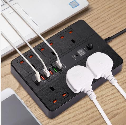 HEBEZON Electrical Connecting Board Universal Travel Adapter with Type C USB Fast Charging 5 Ports Overload Protection Button 6 Power Sockets for Home Office - Image 2