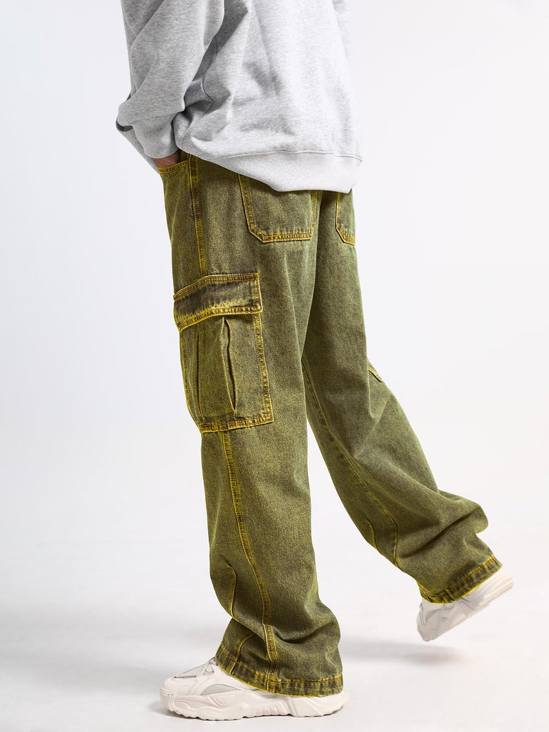 FantasyGears Mens Baggy Jeans for Men Women Y2k Skater Vintage Plain Pants Multiple Pockets Casual Wide Leg Loose Fit Cargo Denim Jeans Orange - Image 5
