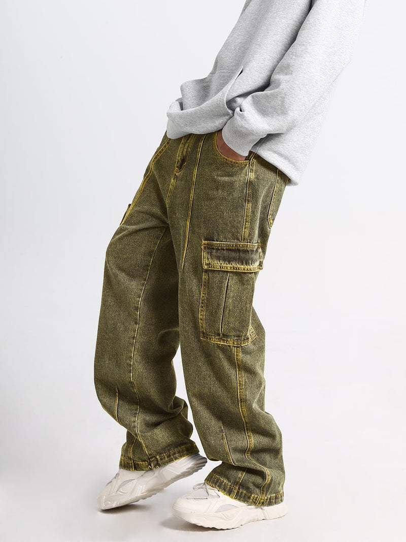 FantasyGears Mens Baggy Jeans for Men Women Y2k Skater Vintage Plain Pants Multiple Pockets Casual Wide Leg Loose Fit Cargo Denim Jeans Orange - Image 3