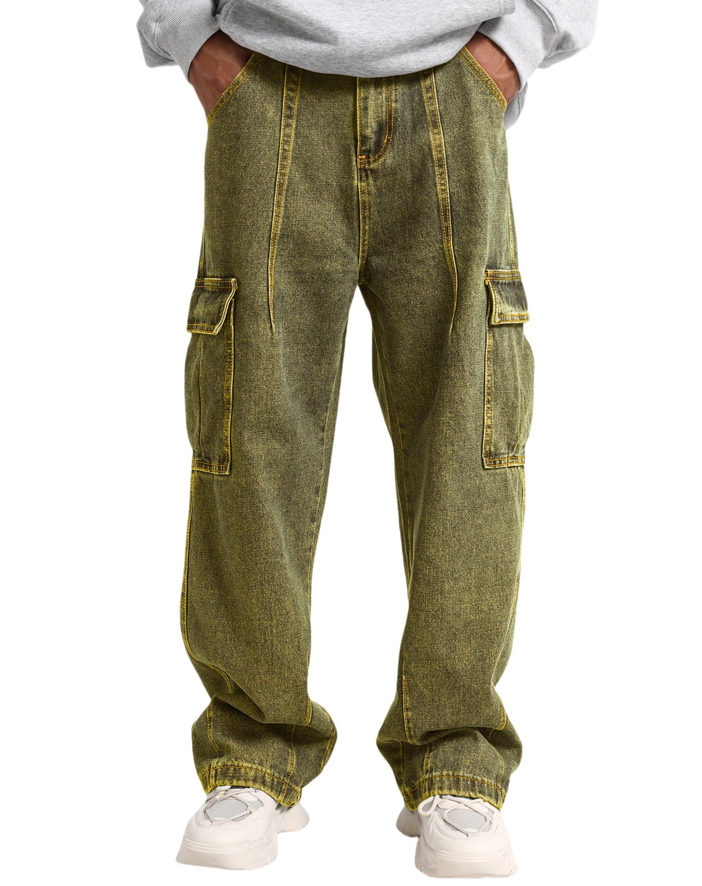 Mens Baggy Jeans for Men Women Y2k Skater Vintage Plain Pants Multiple Pockets Casual Wide Leg Loose Fit Cargo Denim Jeans Orange