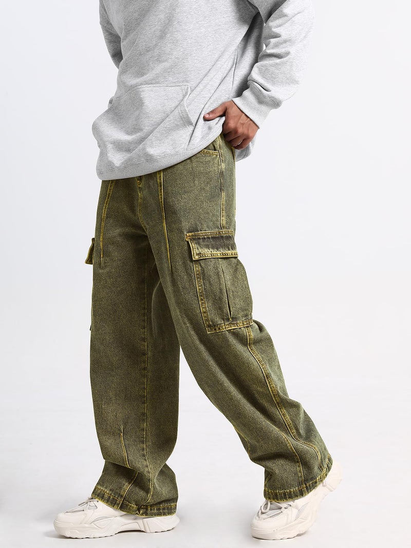 FantasyGears Mens Baggy Jeans for Men Women Y2k Skater Vintage Plain Pants Multiple Pockets Casual Wide Leg Loose Fit Cargo Denim Jeans Orange - Image 2