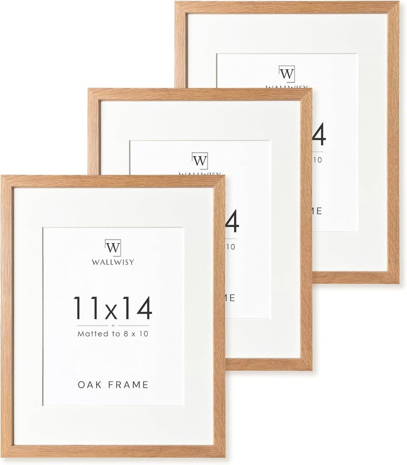wallwisy 11x14 Picture Frame, 11x14 Solid Oak Frames with Mat to 8x10, 14x11 Wooden Frames for Wall, Natural Oak Wood Frame, Set of 3 - Image 1