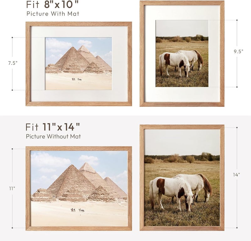 wallwisy 11x14 Picture Frame, 11x14 Solid Oak Frames with Mat to 8x10, 14x11 Wooden Frames for Wall, Natural Oak Wood Frame, Set of 3 - Image 3
