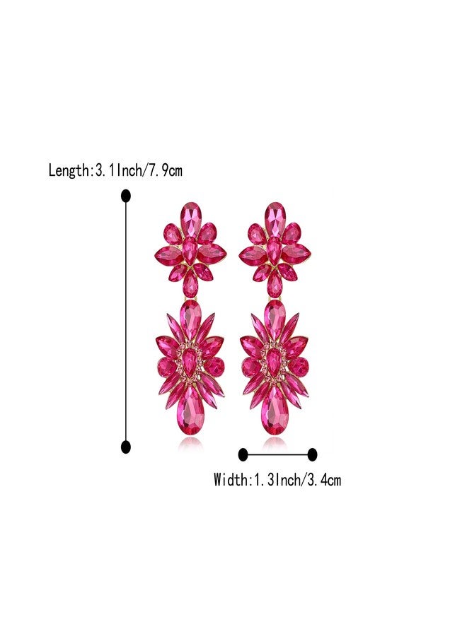 BriLove Gorgeous Shiny Rhinestones Marquise Teardrop Cluster Dangle Earrings for Women Wedding Party Prom Jewelry Accessory Hot Pink Gold-Tone - Image 5