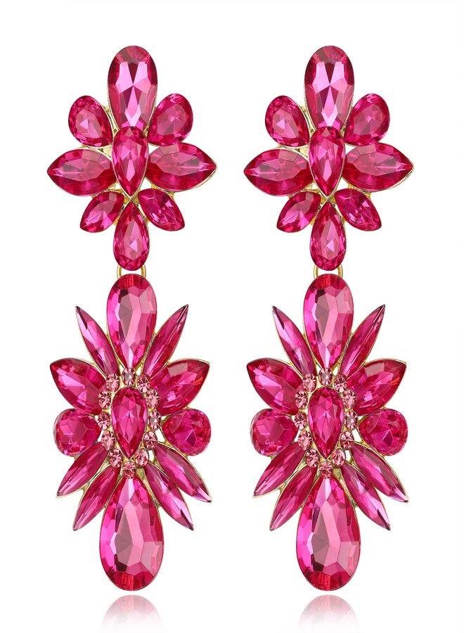BriLove Gorgeous Shiny Rhinestones Marquise Teardrop Cluster Dangle Earrings for Women Wedding Party Prom Jewelry Accessory Hot Pink Gold-Tone - Image 1