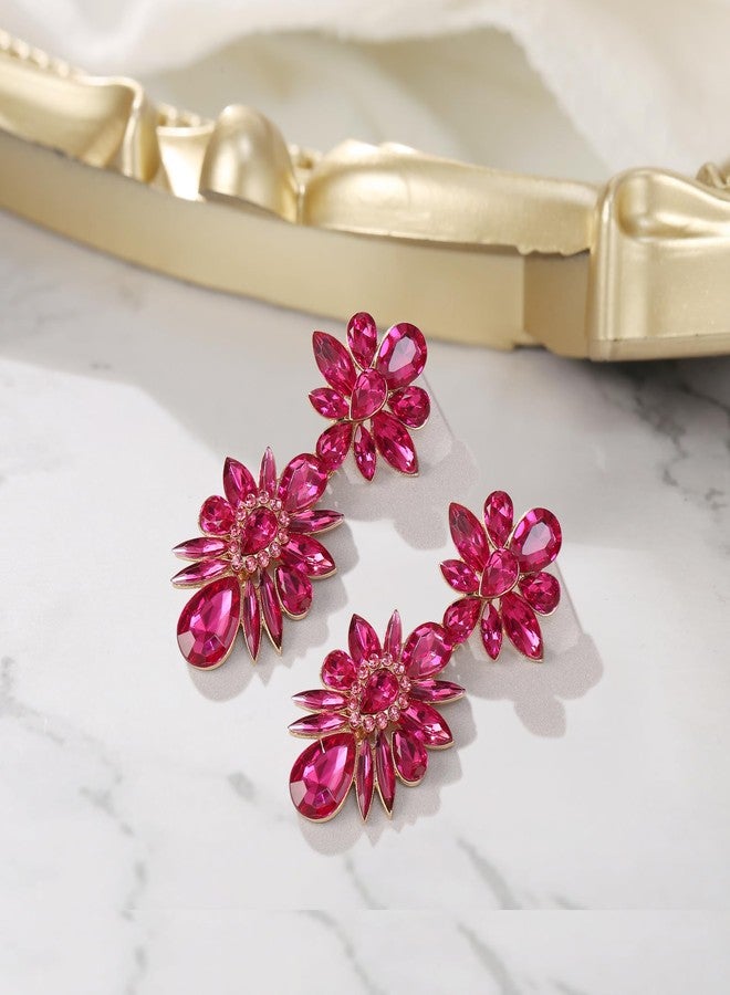 BriLove Gorgeous Shiny Rhinestones Marquise Teardrop Cluster Dangle Earrings for Women Wedding Party Prom Jewelry Accessory Hot Pink Gold-Tone - Image 4