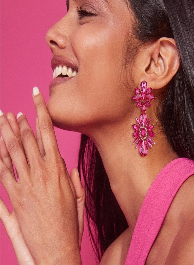 BriLove Gorgeous Shiny Rhinestones Marquise Teardrop Cluster Dangle Earrings for Women Wedding Party Prom Jewelry Accessory Hot Pink Gold-Tone - Image 3