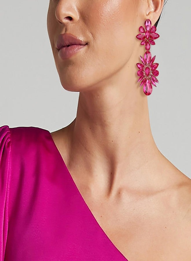 BriLove Gorgeous Shiny Rhinestones Marquise Teardrop Cluster Dangle Earrings for Women Wedding Party Prom Jewelry Accessory Hot Pink Gold-Tone - Image 2