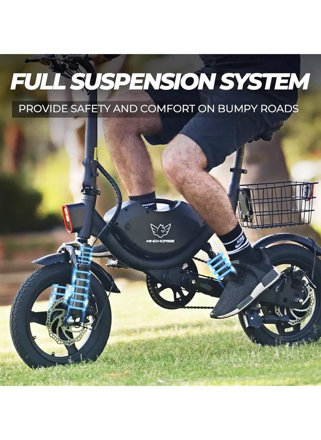 Wind Horse - Foldable Electric Bike for Adults 500W Brushless Hub Motor, 35 KMH Max Speed, 19-35 KM Range with 36V 8AH Battery, 14 Inches Tires with Dual Suspension and Disc Brakes, Lightweight Carbon Alloy Frame, Urban Commuter E-Bike with Basket for Easy Storage and Transport - Image 1