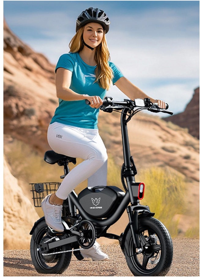 Wind Horse - Foldable Electric Bike for Adults 500W Brushless Hub Motor, 35 KMH Max Speed, 19-35 KM Range with 36V 8AH Battery, 14 Inches Tires with Dual Suspension and Disc Brakes, Lightweight Carbon Alloy Frame, Urban Commuter E-Bike with Basket for Easy Storage and Transport - Image 1