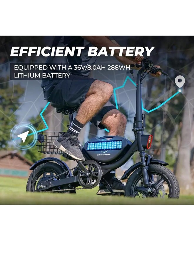 Wind Horse - Foldable Electric Bike for Adults 500W Brushless Hub Motor, 35 KMH Max Speed, 19-35 KM Range with 36V 8AH Battery, 14 Inches Tires with Dual Suspension and Disc Brakes, Lightweight Carbon Alloy Frame, Urban Commuter E-Bike with Basket for Easy Storage and Transport - Image 1