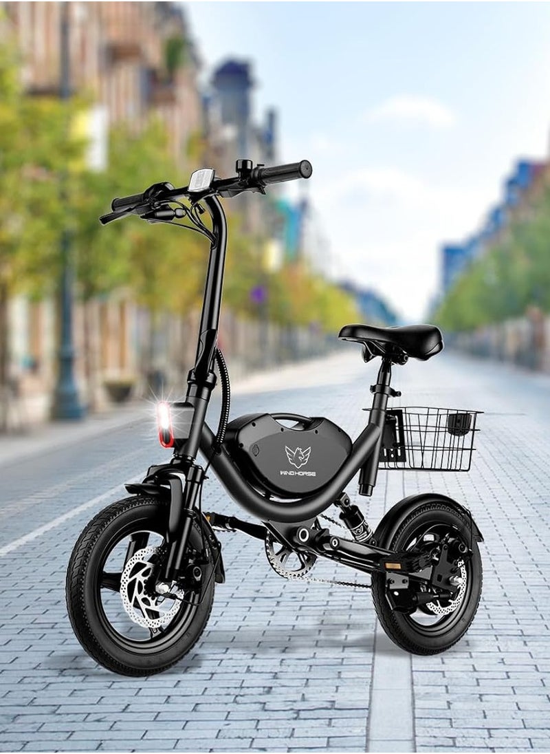 Wind Horse - Foldable Electric Bike for Adults 500W Brushless Hub Motor, 35 KMH Max Speed, 19-35 KM Range with 36V 8AH Battery, 14 Inches Tires with Dual Suspension and Disc Brakes, Lightweight Carbon Alloy Frame, Urban Commuter E-Bike with Basket for Easy Storage and Transport - Image 1