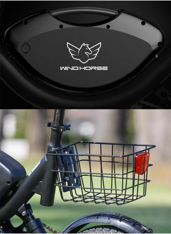 Wind Horse - Foldable Electric Bike for Adults 500W Brushless Hub Motor, 35 KMH Max Speed, 19-35 KM Range with 36V 8AH Battery, 14 Inches Tires with Dual Suspension and Disc Brakes, Lightweight Carbon Alloy Frame, Urban Commuter E-Bike with Basket for Easy Storage and Transport - Image 1