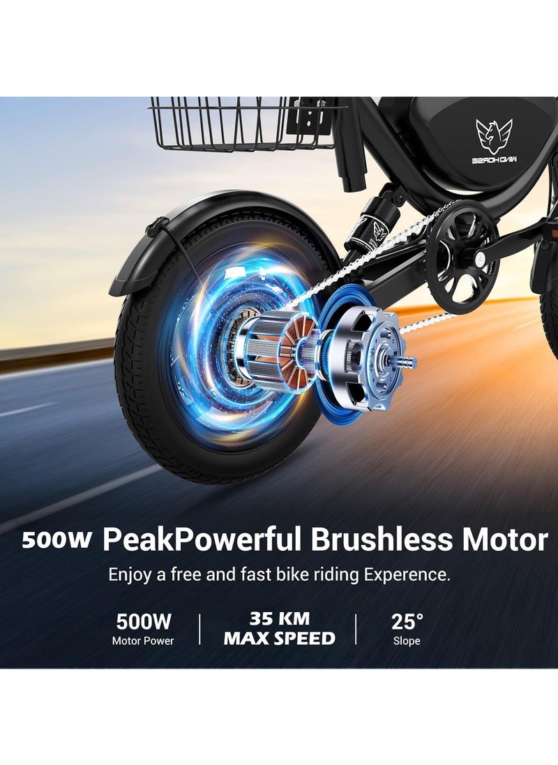 Wind Horse - Foldable Electric Bike for Adults 500W Brushless Hub Motor, 35 KMH Max Speed, 19-35 KM Range with 36V 8AH Battery, 14 Inches Tires with Dual Suspension and Disc Brakes, Lightweight Carbon Alloy Frame, Urban Commuter E-Bike with Basket for Easy Storage and Transport - Image 1