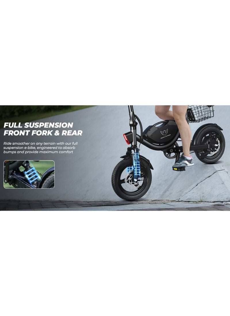 Wind Horse - Foldable Electric Bike for Adults 500W Brushless Hub Motor, 35 KMH Max Speed, 19-35 KM Range with 36V 8AH Battery, 14 Inches Tires with Dual Suspension and Disc Brakes, Lightweight Carbon Alloy Frame, Urban Commuter E-Bike with Basket for Easy Storage and Transport - Image 1