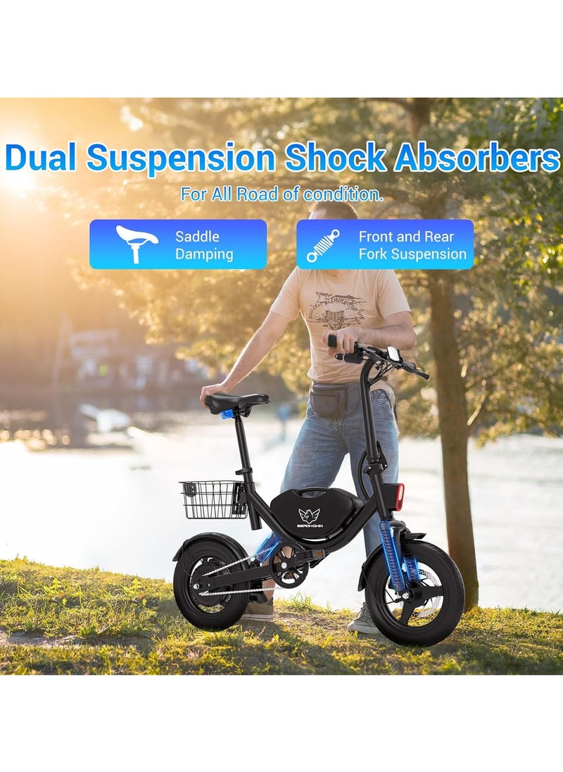 Wind Horse - Foldable Electric Bike for Adults 500W Brushless Hub Motor, 35 KMH Max Speed, 19-35 KM Range with 36V 8AH Battery, 14 Inches Tires with Dual Suspension and Disc Brakes, Lightweight Carbon Alloy Frame, Urban Commuter E-Bike with Basket for Easy Storage and Transport - Image 1