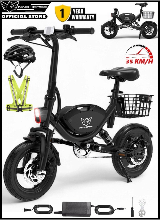 Wind Horse Foldable Electric Bike for Adults 500W Brushless Hub Motor, 35 KMH Max Speed, 19-35 KM Range with 36V 8AH Battery, 14 Inches Tires with Dual Suspension and Disc Brakes, Lightweight Carbon Alloy Frame, Urban Commuter E-Bike with Basket for Easy Storage and Transport  - Image 1