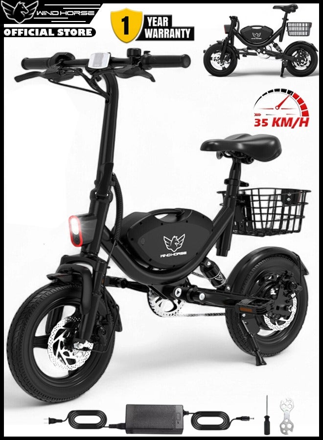 حصان الريح دراجة كهربائية قابلة للطي للبالغين محرك محور بدون فرش بقدرة 500 وات، سرعة قصوى 35 كم/ساعة، مدى 19-35 كم مع بطارية 36 فولت 8AH، إطارات 14 بوصة مع تعليق مزدوج وفرامل قرصية، إطار من سبائك الكربون خفيف الوزن، دراجة إلكترونية للركاب في المناطق الحضرية مع سلة لسهولة التخزين والنقل - Image 1