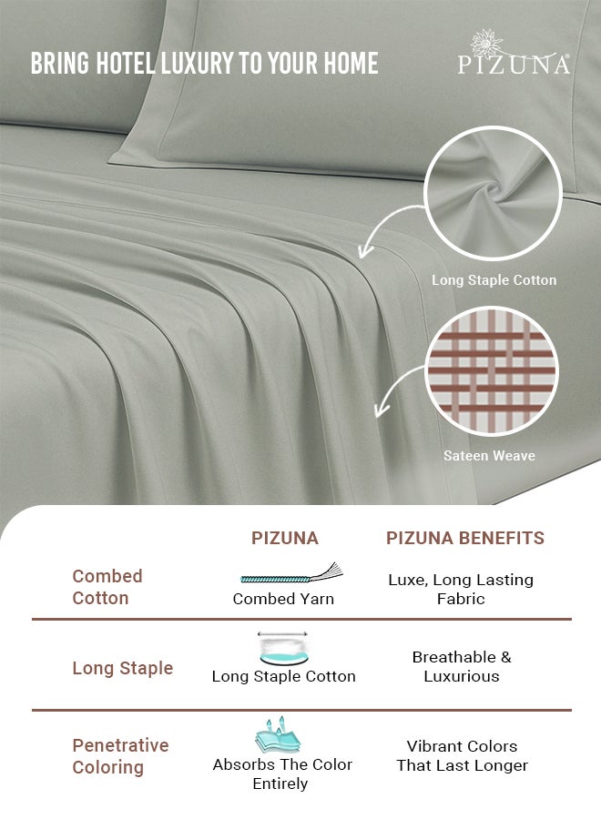 PIZUNA Pure Combed Cotton Bed Sheet Set Queen Size Silver, 400 Thread Count Cozy Luxury 100% Long Staple Cotton Sateen Weave Bedsheets Set (1 Flat Sheet, 1 Fitted Sheet, 2 Pillowcases) - Image 2